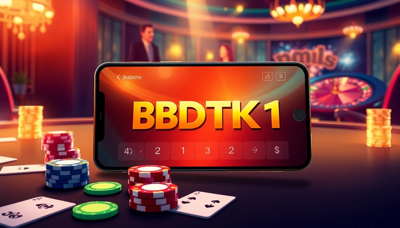 Engaged player using the BDTK1 app on a sleek mobile device at a vibrant casino table.