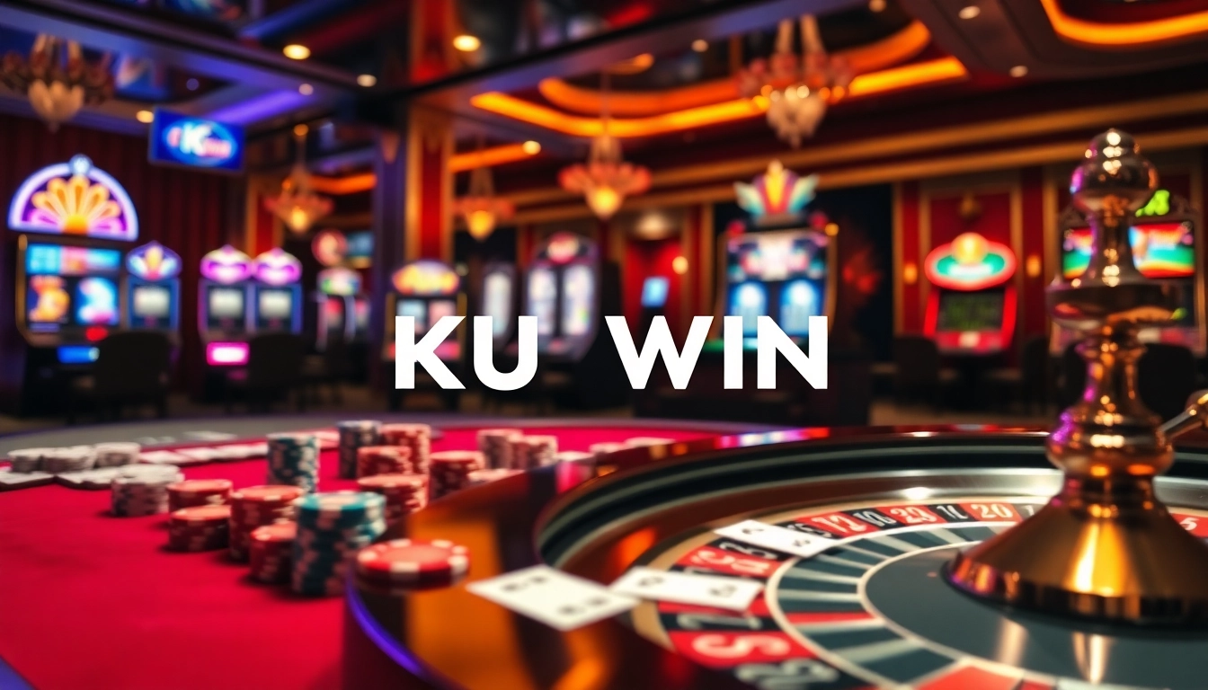 Experience the excitement of gambling at KUWIN with vibrant casino elements like poker chips and roulette wheels.