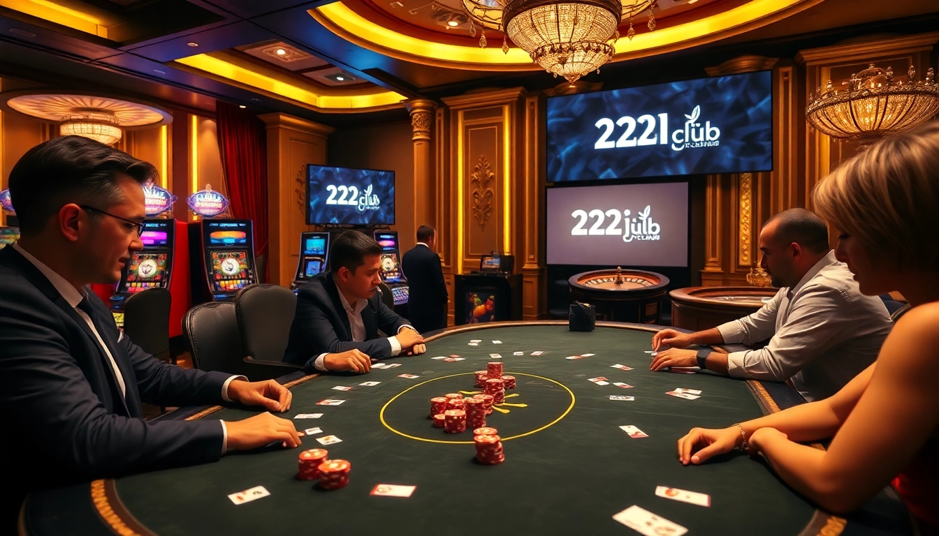High-stakes poker players at 22jl club casino with vibrant chips and cards.