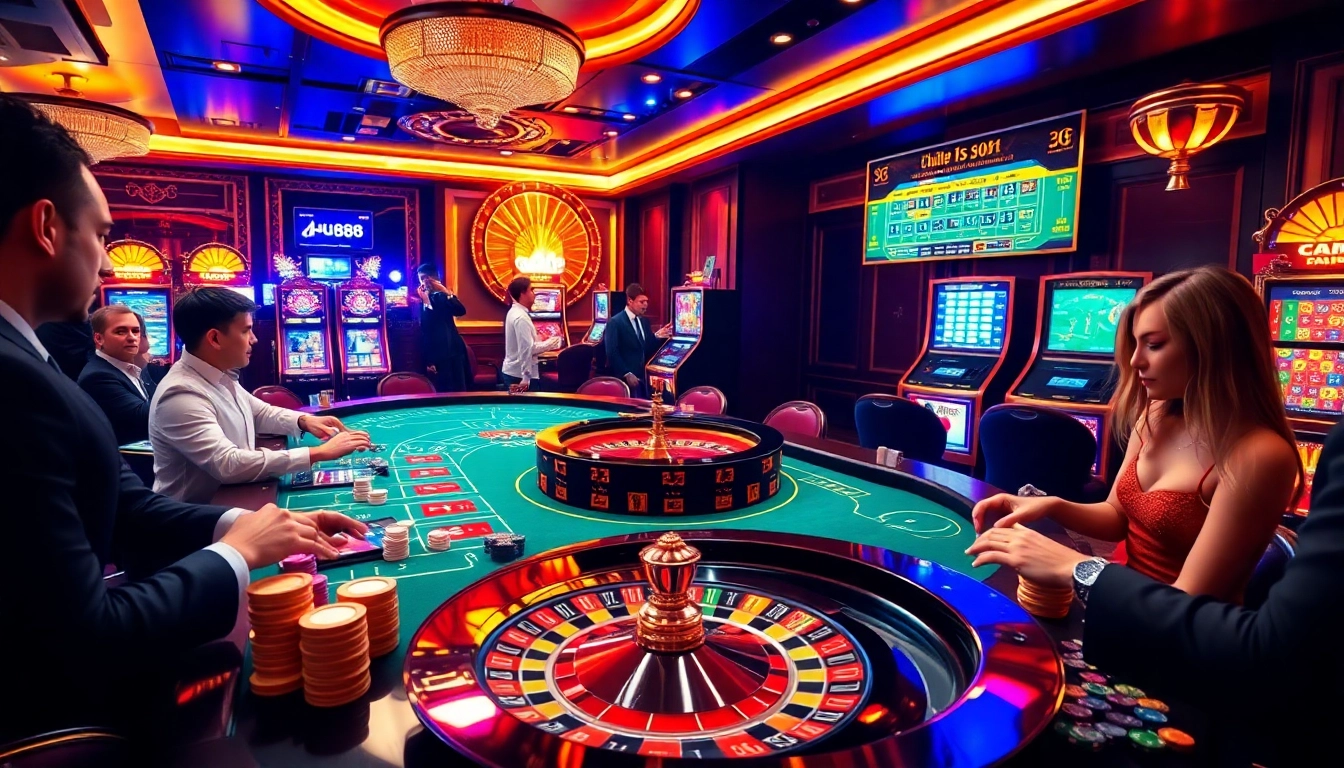 Players enjoying an exciting game at AU88. Com casino, surrounded by chips and card tables.