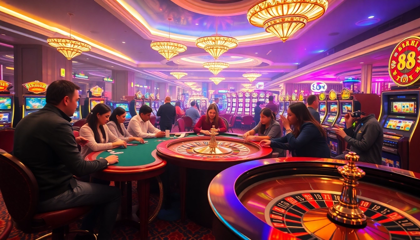 Experience high-stakes gaming action at 88xx with vibrant slot machines and luxurious poker tables.