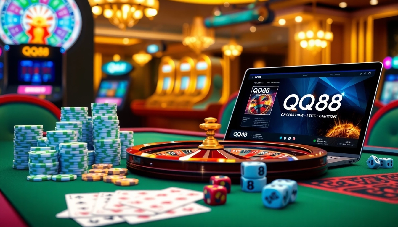 Exciting casino scene featuring poker chips and dice with QQ88 COM branding elements.
