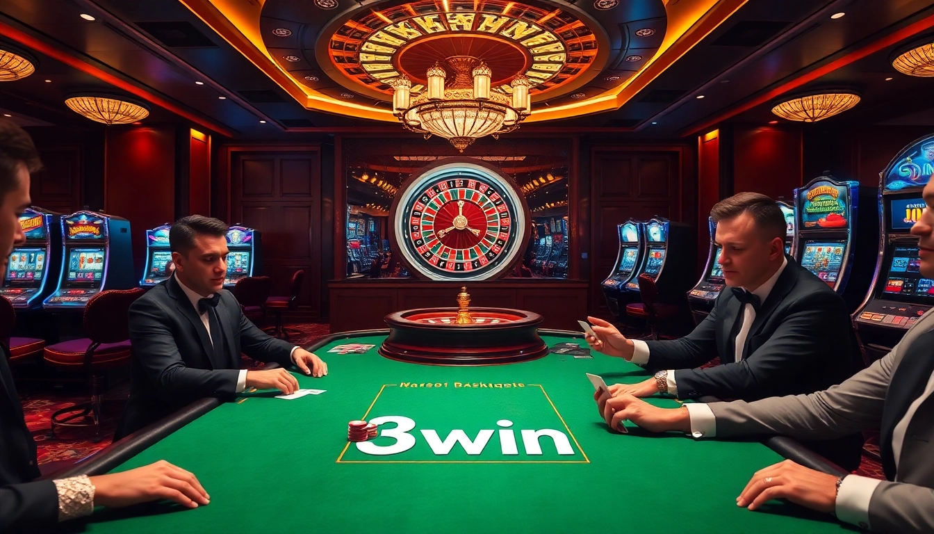 Players enjoying blackjack at a lively casino table showcasing 3win-themed decor and excitement.