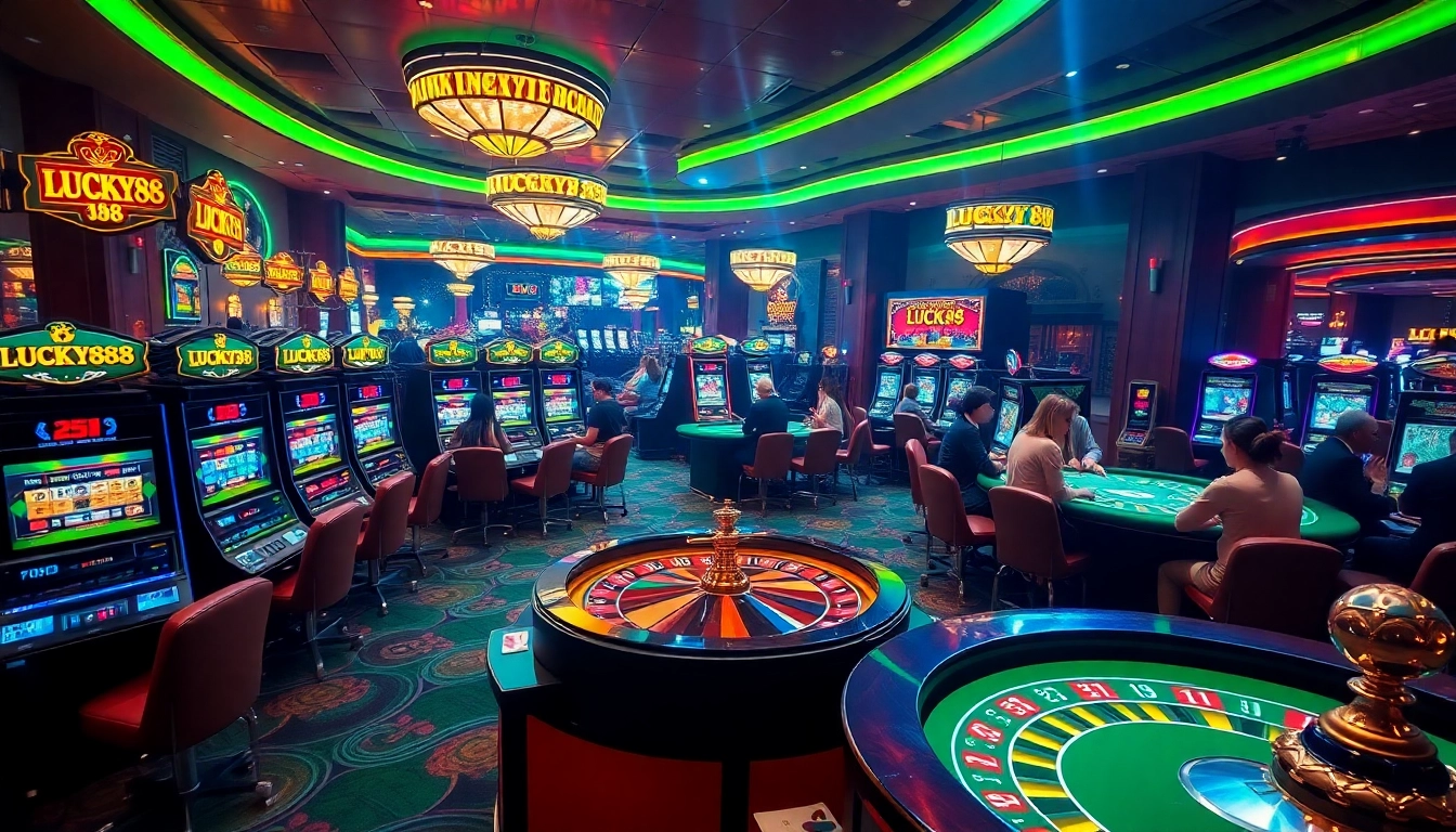 LUCKY88 themed casino scene with players at vibrant slot machines and gaming tables.