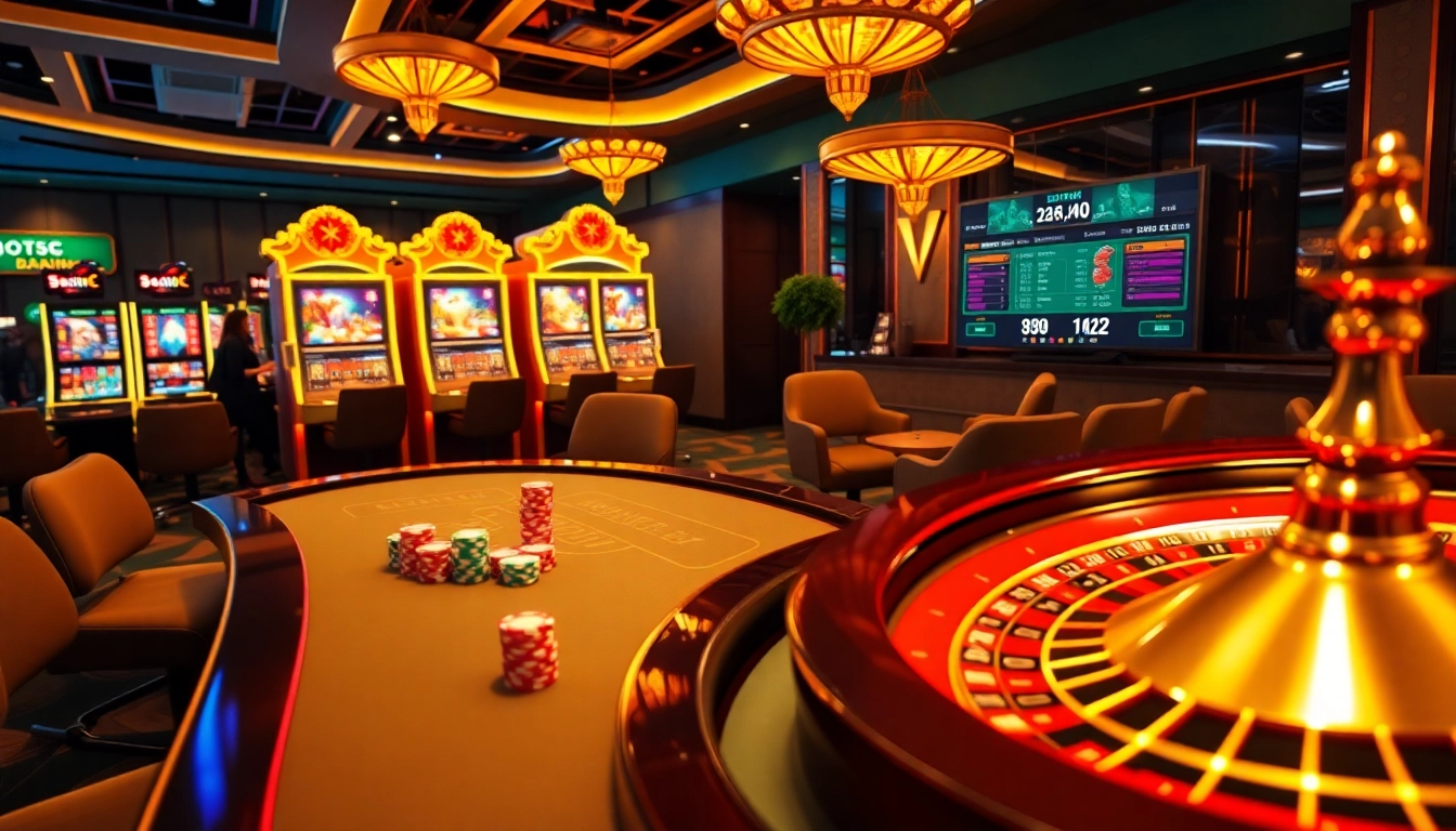 An exciting online gambling scene at https://nohudoithuong.life/ featuring vibrant slot machines and poker chips.