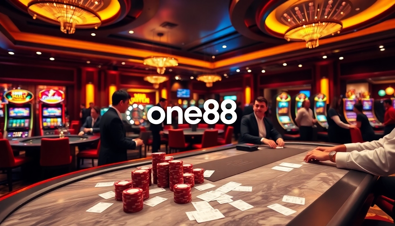 Experience the excitement of the one88 app at this luxurious casino with poker chips and roulette tables.