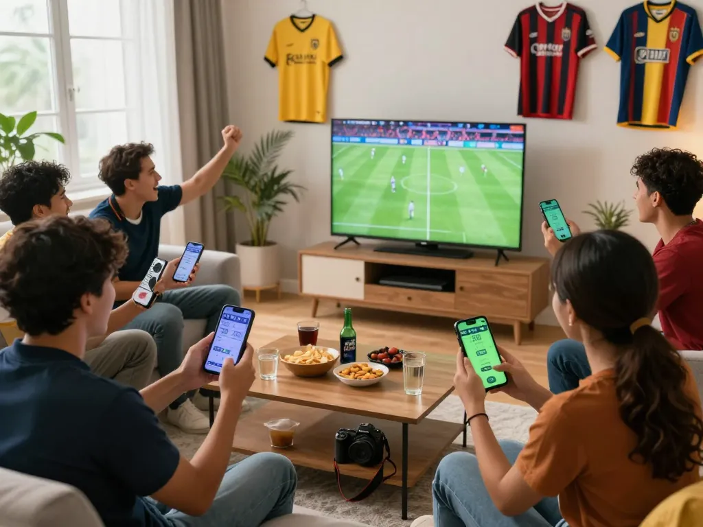 Friends cheering for their teams while checking kèo bóng đá on smartphones in a lively living room.