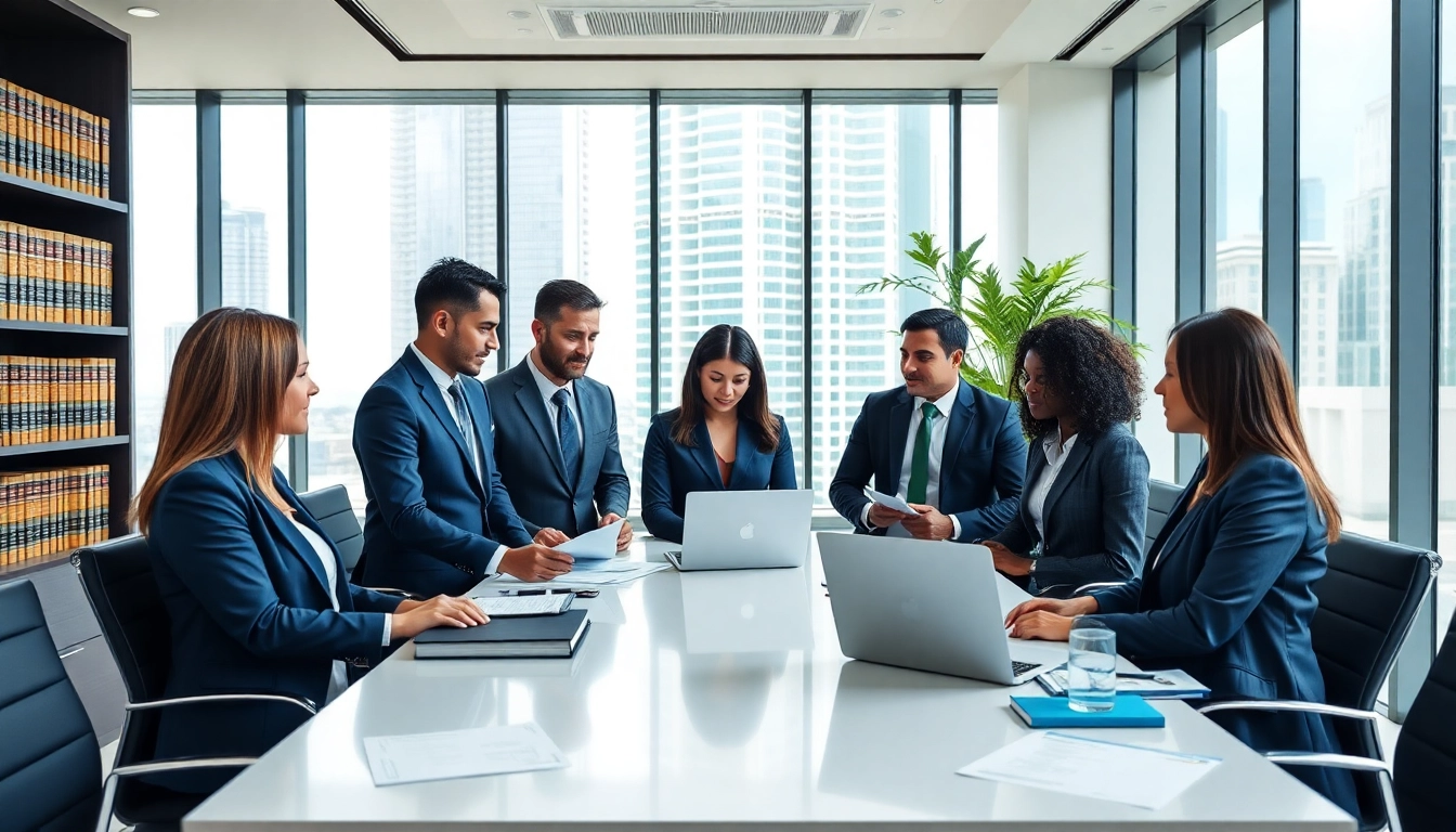 Immigration lawyer in the US consulting with clients in a modern office.