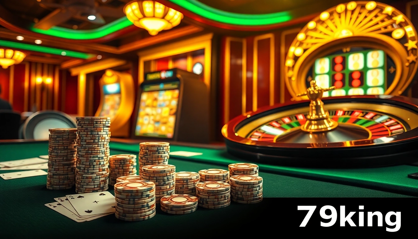 Exciting gaming scene at 79king casino with poker chips and roulette wheel.