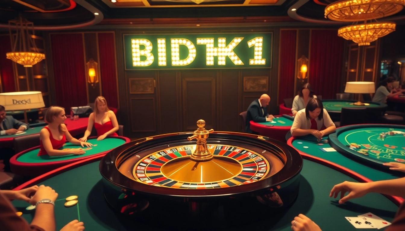 Experience the thrill of BDTK1 gaming with vibrant casino tables and roulette wheel.