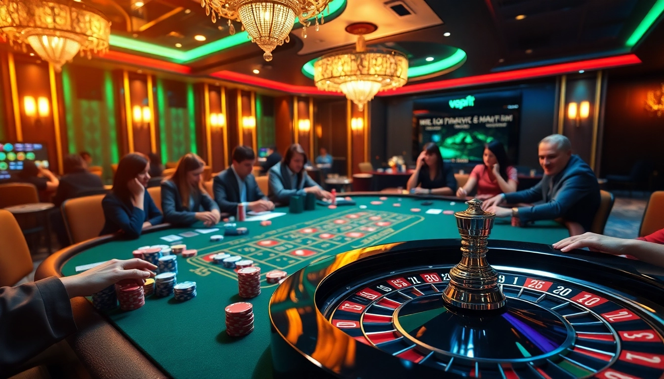 In an immersive casino scene, players engage in poker games, showcasing high stakes and vibrant gambling excitement with newphim.