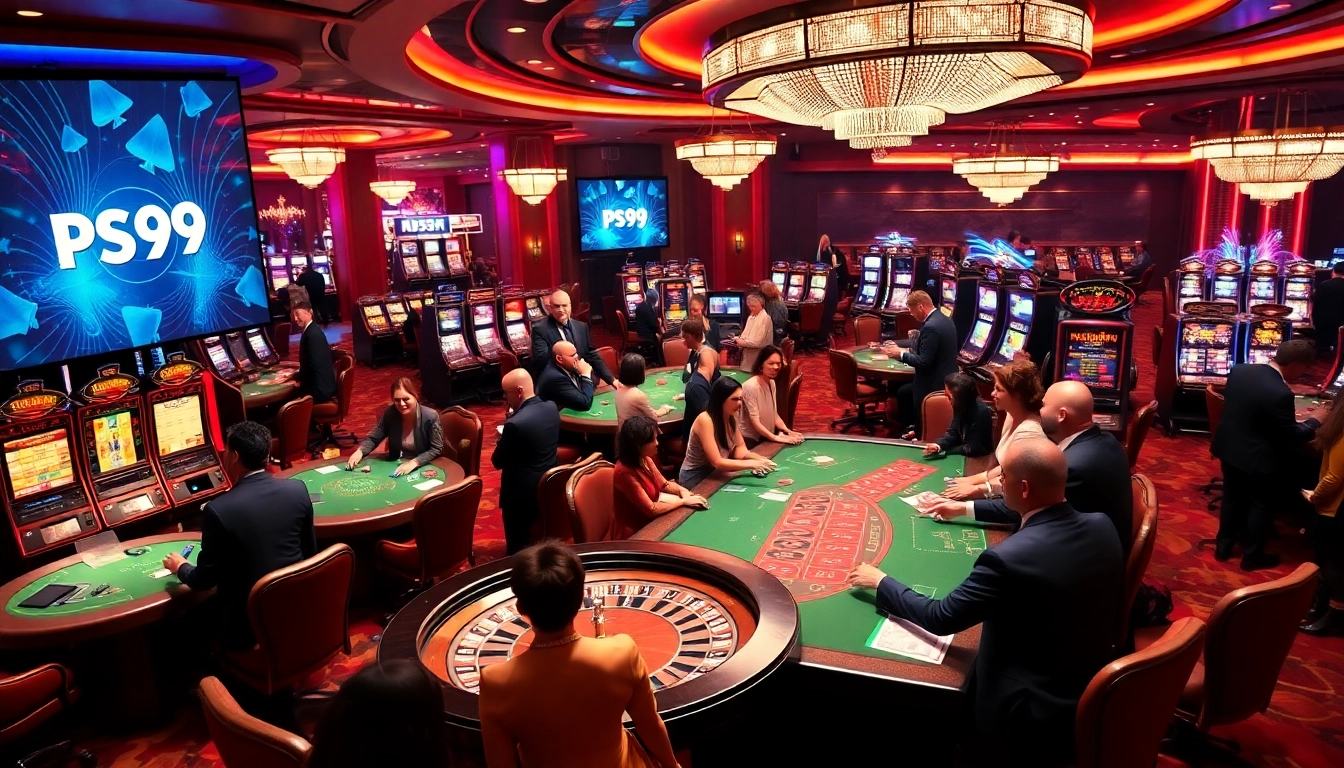 Players enjoying the thrill of table games and slot machines at the link PS99 casino, showcasing an exciting gambling atmosphere.