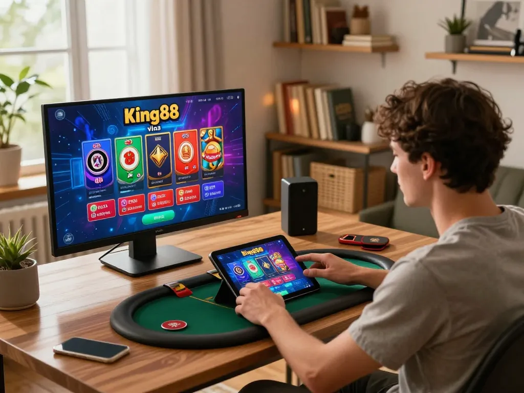 Gamer engaging with king88 vina on a tablet, enjoying an immersive online casino experience.