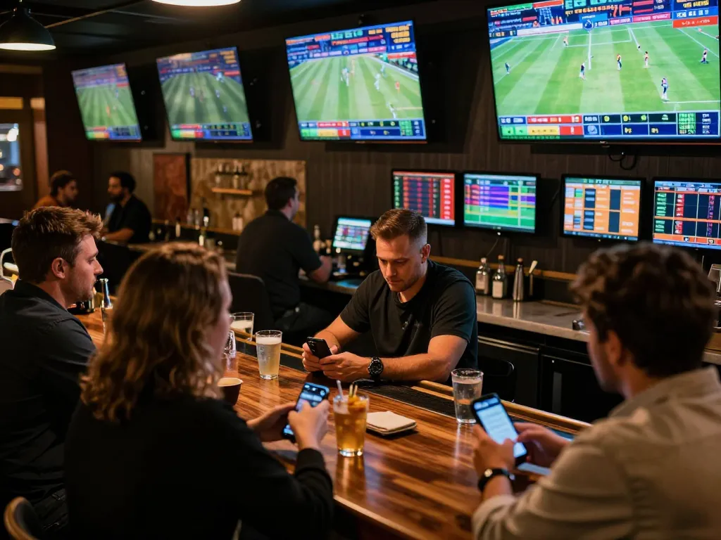 Patrons placing bets on luck8 sports events in a vibrant and exciting bar atmosphere.