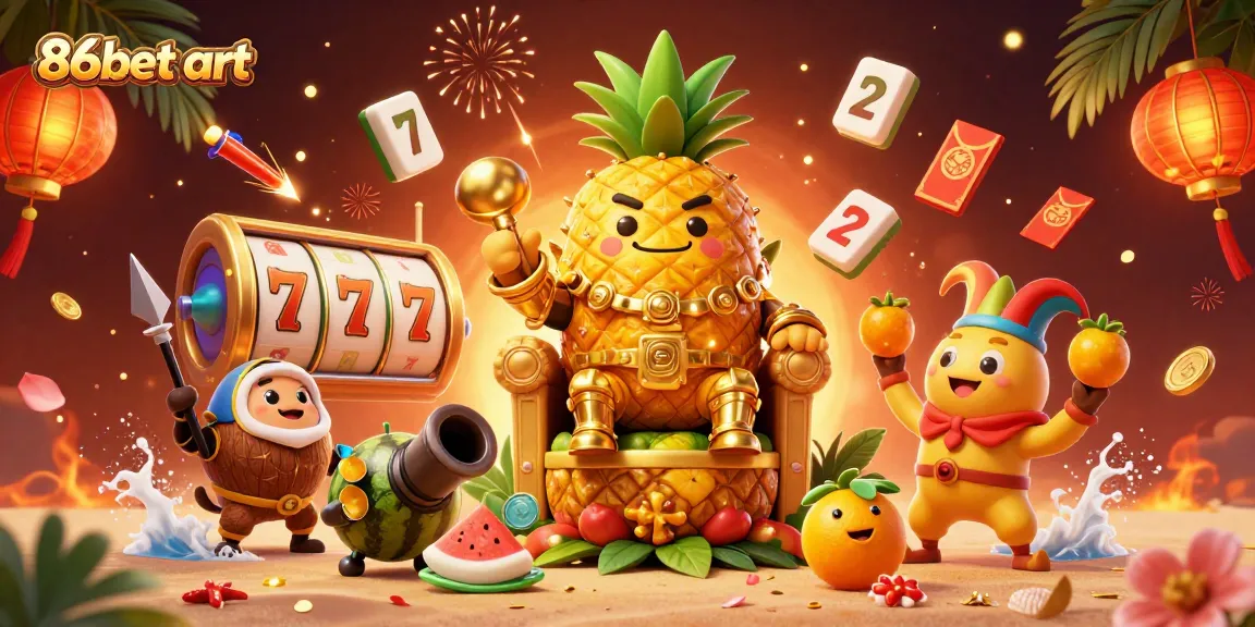 Engage with the vibrant scene from 86bet art featuring a golden pineapple king amid casino action and colorful elements.