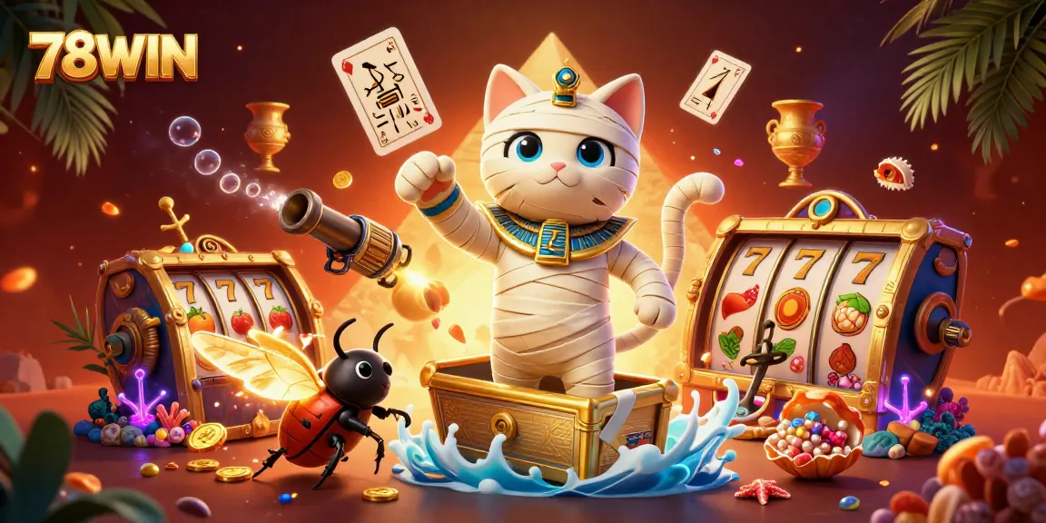Engage in thrilling gameplay at 78WIN with a vibrant 3D depiction of a mummy cat and scarab beetle amidst casino excitement.