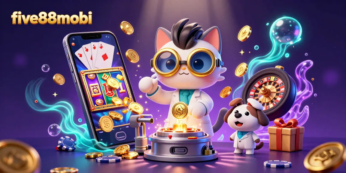 Play exciting games with five88mobi, featuring a mad scientist cat and dog in a colorful casino-themed lab.