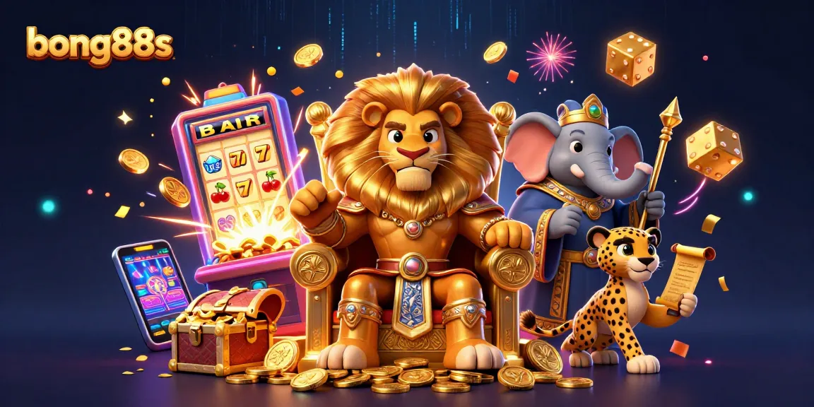 Experience top gaming action at bong88s in this vibrant 3D casino illustration packed with slots and treasures.