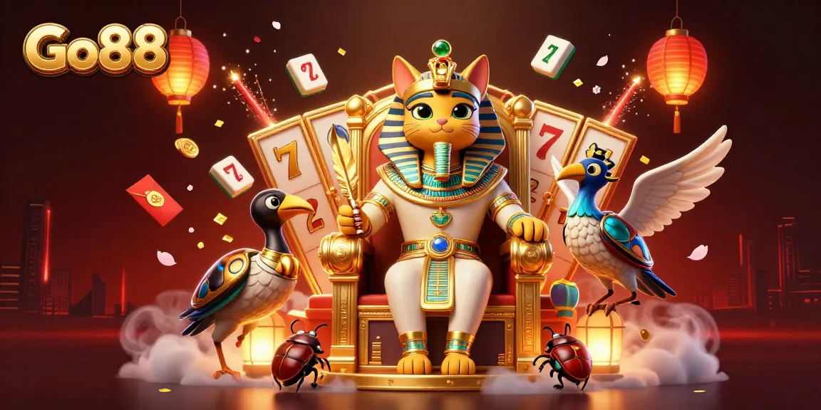 Engaging Go 88 slot experience with a 3D pharaoh cat, lucky 7s, and festive elements.