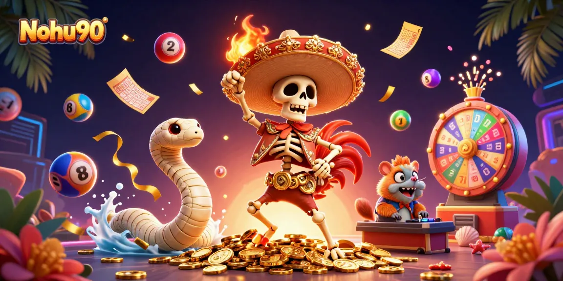 Nohu90 features a dynamic scene with a mariachi rooster, a mummy snake, and a DJ hamster celebrating with colorful lottery elements.