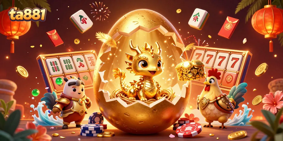 Experience excitement with ta881's dazzling baby dragon in a golden nest of poker chips amidst festive casino elements.