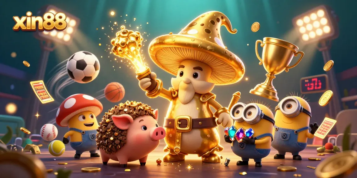 Experience the excitement of xin88 with a vibrant 3D scene featuring a magical wizard, treasure, and sports elements.