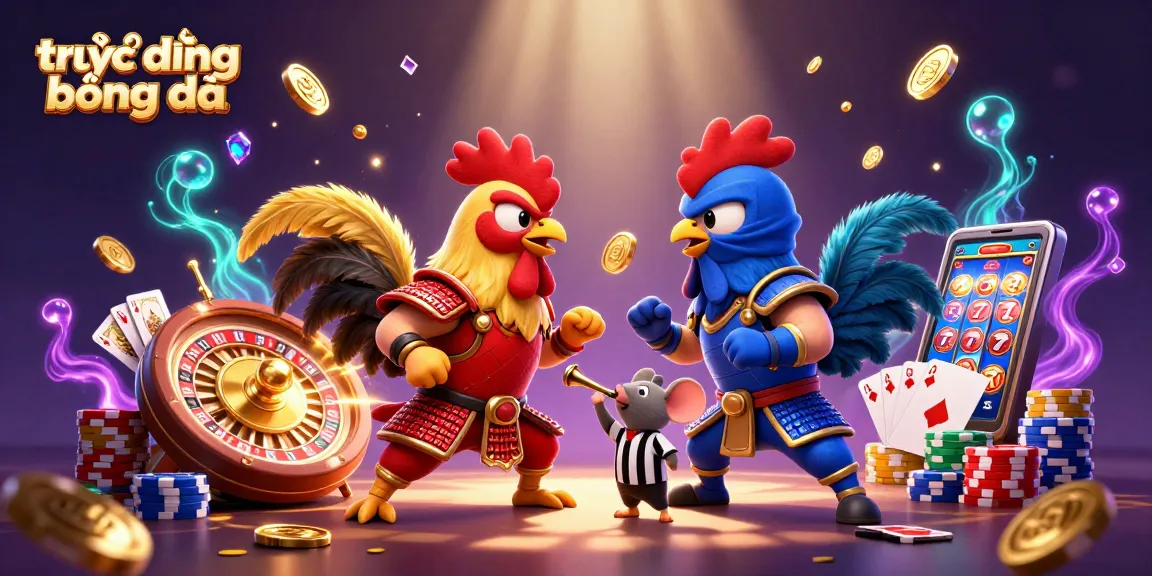 Experience trực tiếp bóng đá with thrilling visuals of cartoon roosters in a dynamic gambling atmosphere.