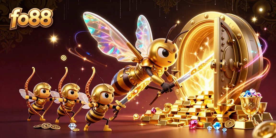 Spin and win big at fo88 with a vivid illustration of gold, jewels, and lively bee warriors.