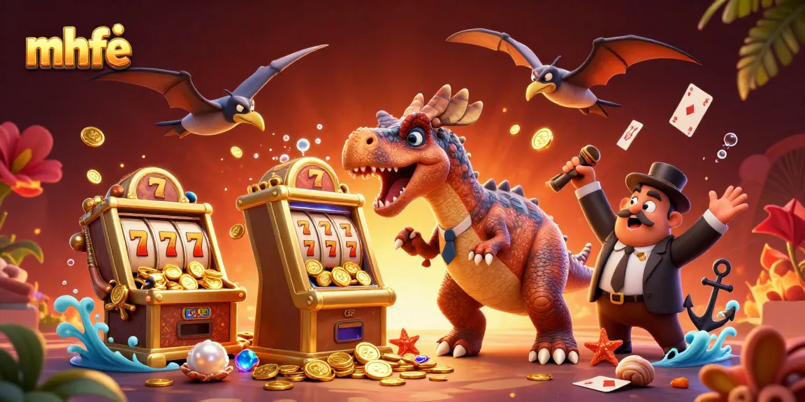Experience the thrill of mhfe as a dinosaur brings luck at a colorful slot machine, surrounded by casino fun.