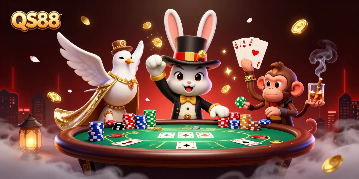 Experience the magic with QS88 as a rabbit pulls coins in a vibrant casino scene with poker chips and sparkling effects.