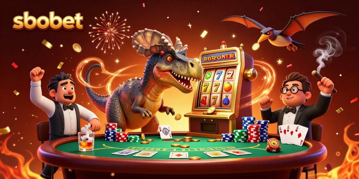 SBOBET features a dinosaur-themed illustration with a pachycephalosaurus activating a jackpot.