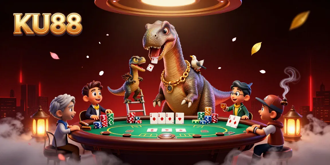 Experience the excitement of KU88 casino with a whimsical 3D illustration of a brontosaurus and clever raptor dealing cards.