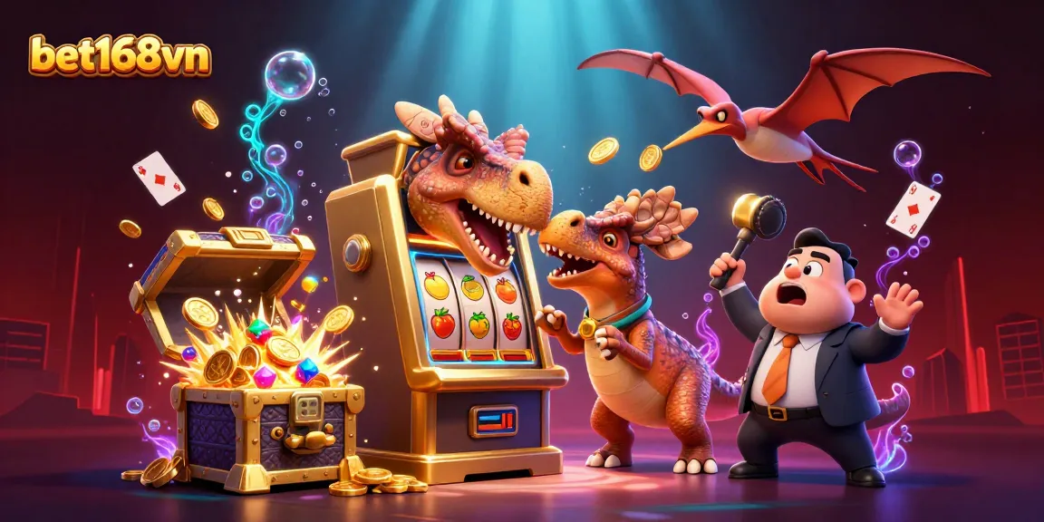 Race to win big at bet168vn with cartoon dinosaurs in a bustling casino scene!
