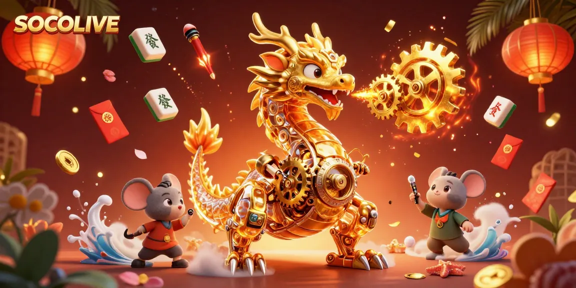 SOCOLIVE showcases a dragon breathing gears, surrounded by vibrant gambling elements and festive decorations.