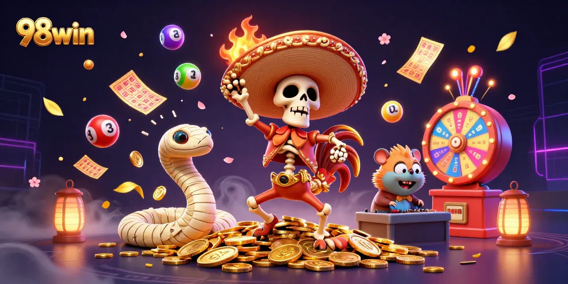 Celebrate wins with 98win's vibrant gaming scene featuring a mariachi rooster and colorful lottery elements.