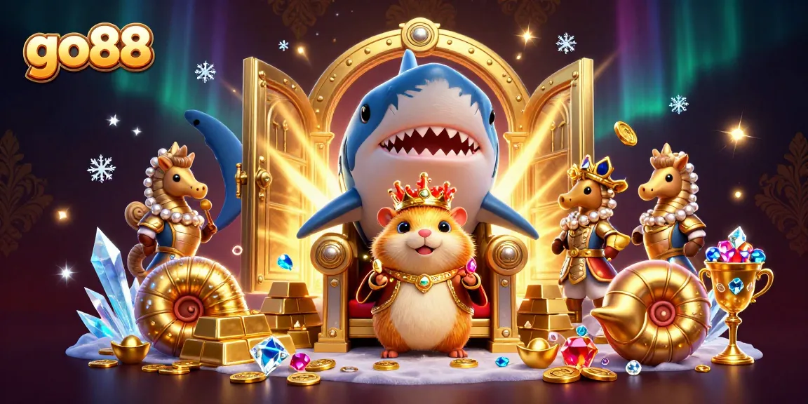 Win big at go88 with a vibrant 3D illustration featuring an adventurous hamster king and sparkling treasure.