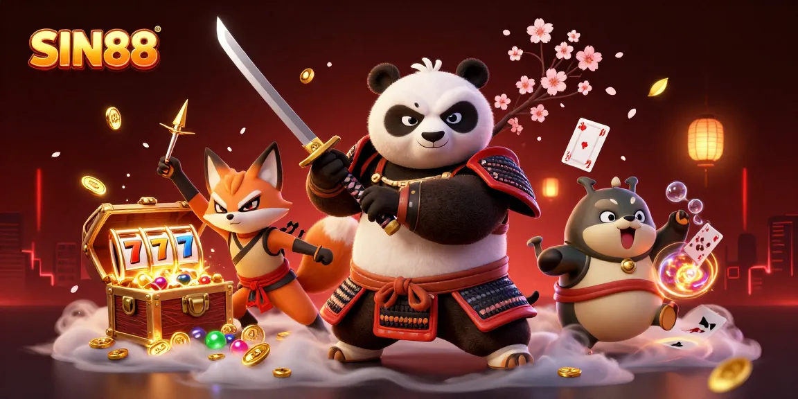 SIN88 immersive casino scene featuring a samurai panda and ninja fox amidst slot machines and treasure
