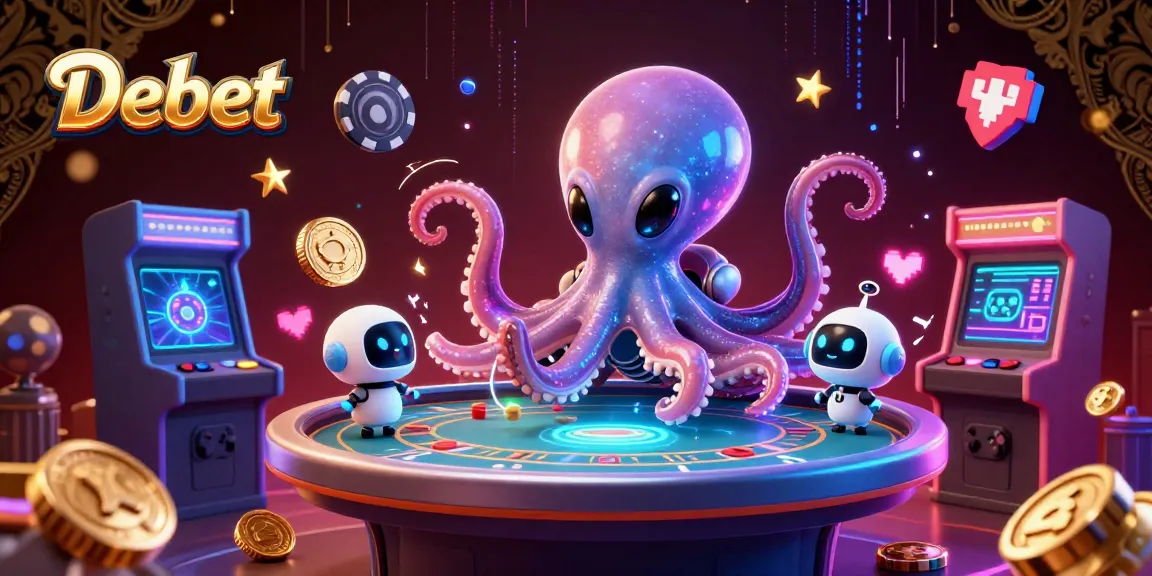 Debet's alien octopus dealing exciting poker games amidst glowing casino elements.
