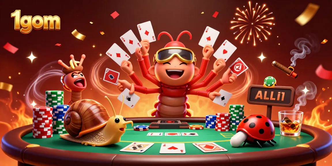 Engage with 1gom betting strategies at an exciting animated poker table filled with colorful chips and cards.