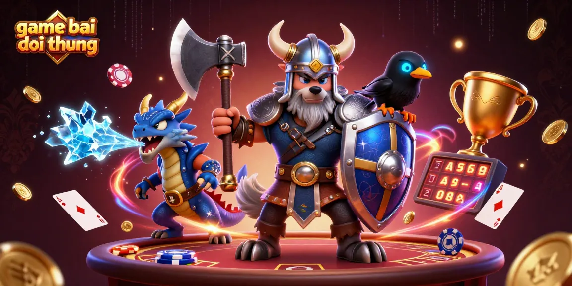 Engage in game bai doi thuong excitement with Viking wolf warrior, fierce dragon, and casino elements.