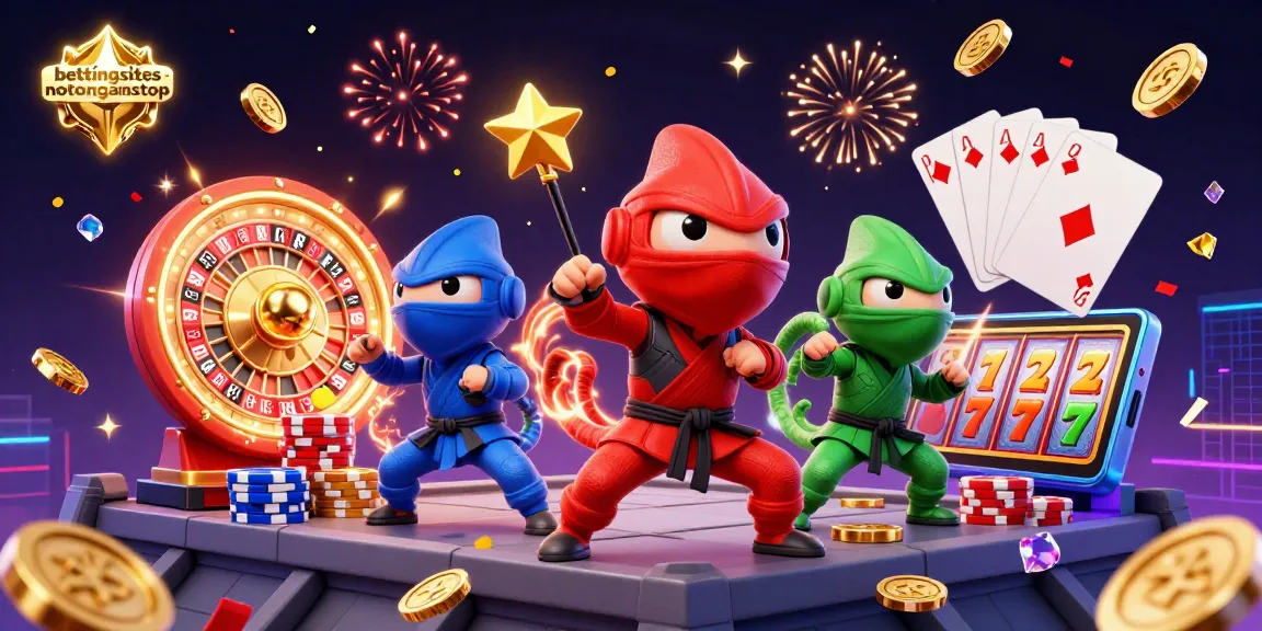 Bettingsitesnotongamstop showcases a vibrant 3D casino scene with chameleon ninjas and golden visuals.