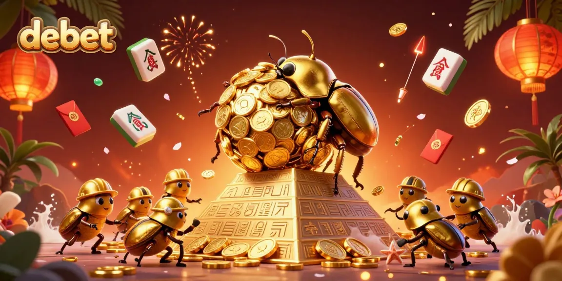 Engage with debet's vibrant gaming world featuring golden beetles and casino symbols.