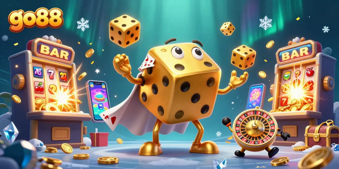 Experience go88's thrilling casino adventure with a dynamic 3D illustration of golden dice and jackpot slots.