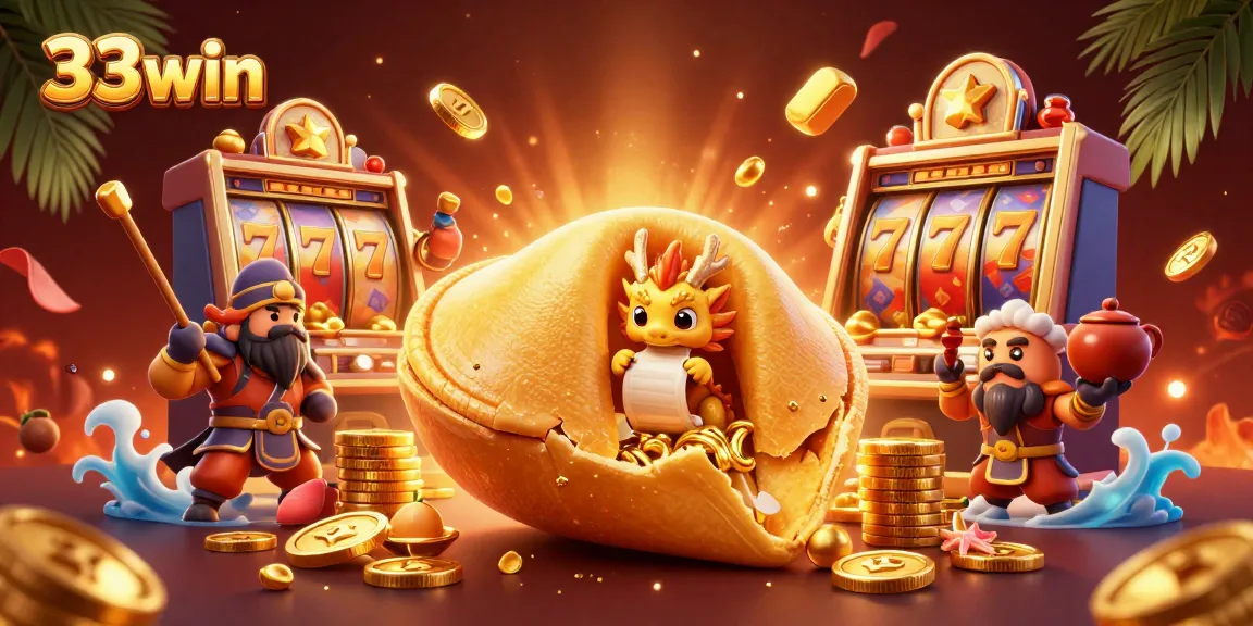 Join the action at 33win with giant fortune cookie and wise dragon amid a vibrant casino scene.