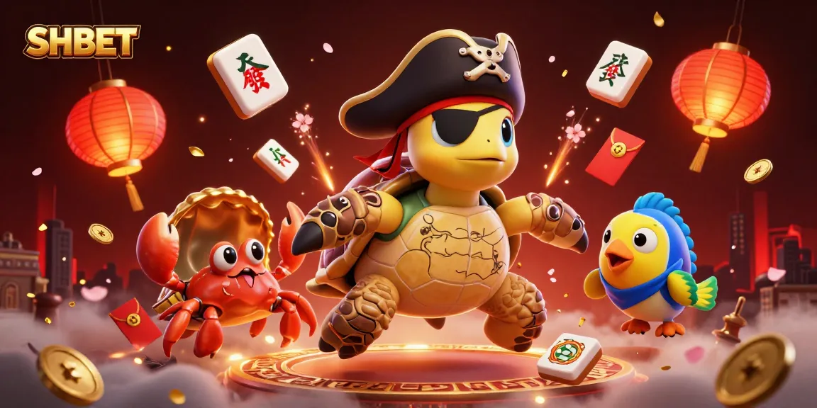 Engage in thrilling gaming at SHBET with a vibrant scene of cartoon characters and floating casino elements.