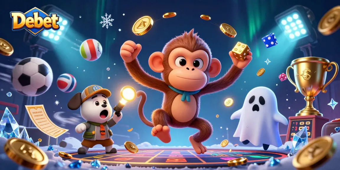 Debet features a mischievous monkey juggling gold items in a haunted casino scene, showcasing dynamic gambling action