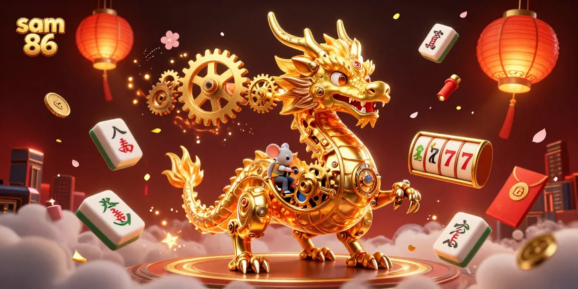 Witness thrilling action at sam 86 with a golden dragon breathing gears, surrounded by vibrant slot elements.