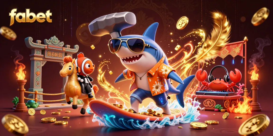 Experience the thrill of fabet as animated characters surf gold coins in a vibrant casino atmosphere.