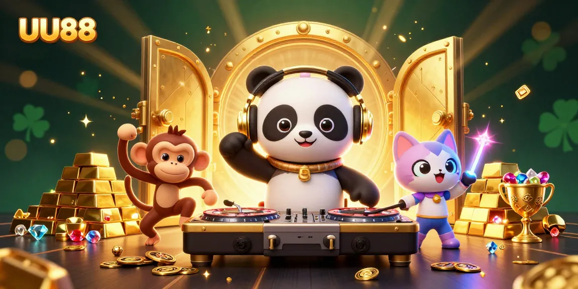 Join the excitement of UU88, featuring a DJ panda spinning at a lively casino party!