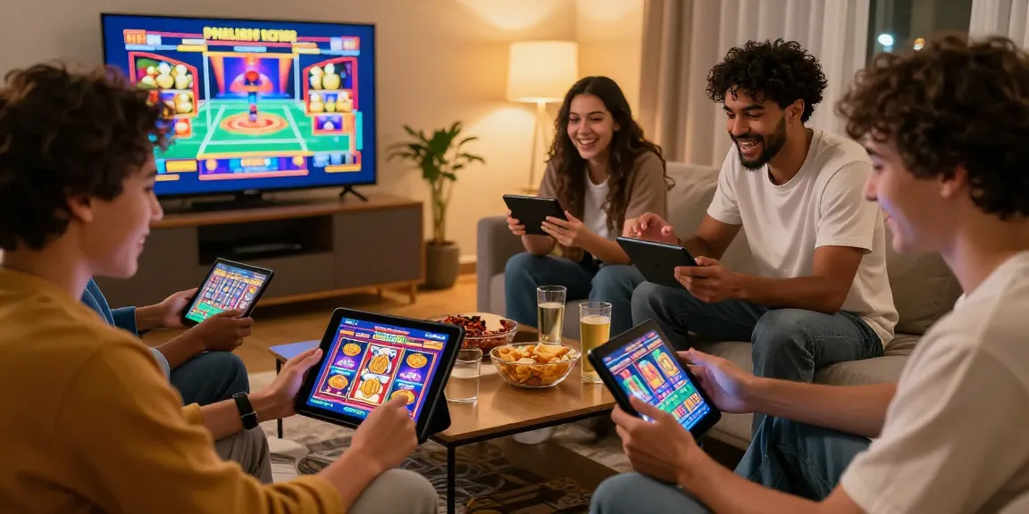 Friends enjoying new online slot sites together in a lively home setting